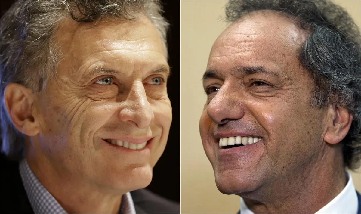 Opposition presidential candidate Mauricio Macri (L) at a city police ceremony on Oct. 28, 2015, and ruling party presidential candidate Daniel Scioli at a press conference on Aug. 10, 2015, both in Buenos Aires, Argentina. (AP Photo/Victor Caivano, Natacha Pisarenko)