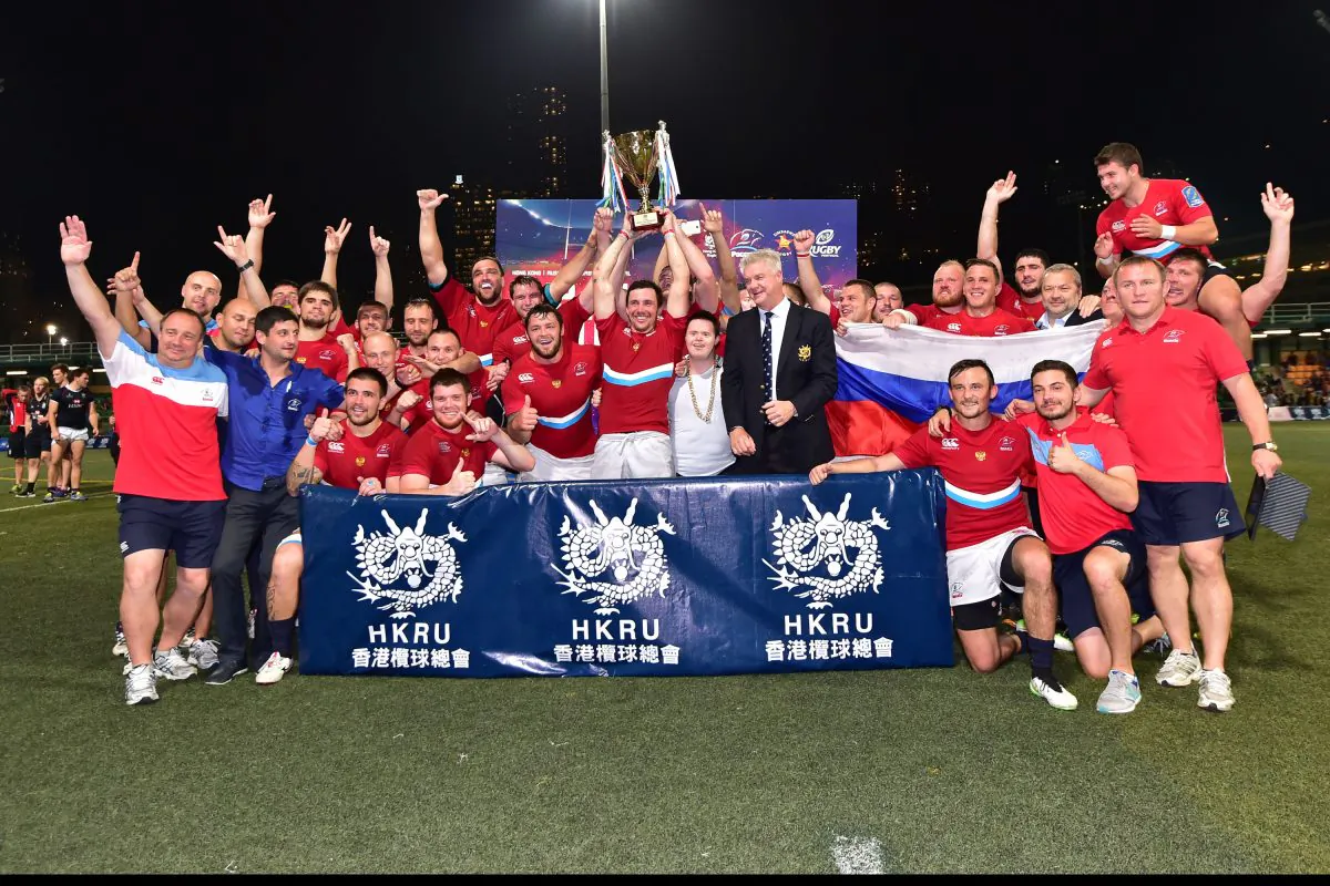 Russia Celebrates winning the inaugural Cup of Nations defeating Hong Kong 31-12 on the last of three days of competition in Hong Kong on Saturday Nov 22. (Bill Cox/Epoch Times)