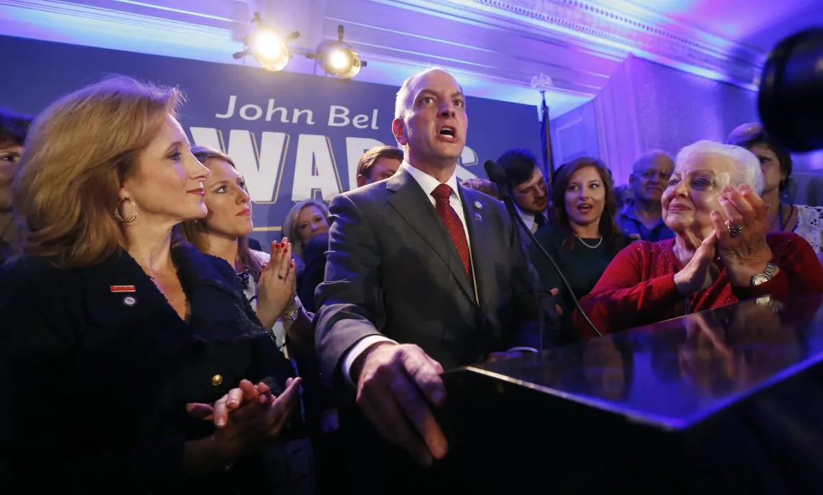 Louisiana Gov.-elect John Bel Edwards addresses supporters at his election night watch party in New Orleans, Saturday, Nov. 21, 2015. (AP Photo/Gerald Herbert)