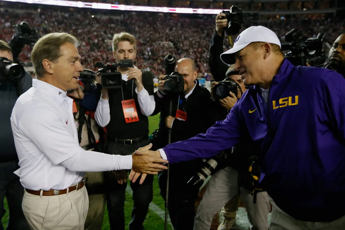 Nick Saban of the Alabama Crimson Tide and Les Miles of the LSU Tigers have won five national titles between them. (Kevin C. Cox/Getty Images)