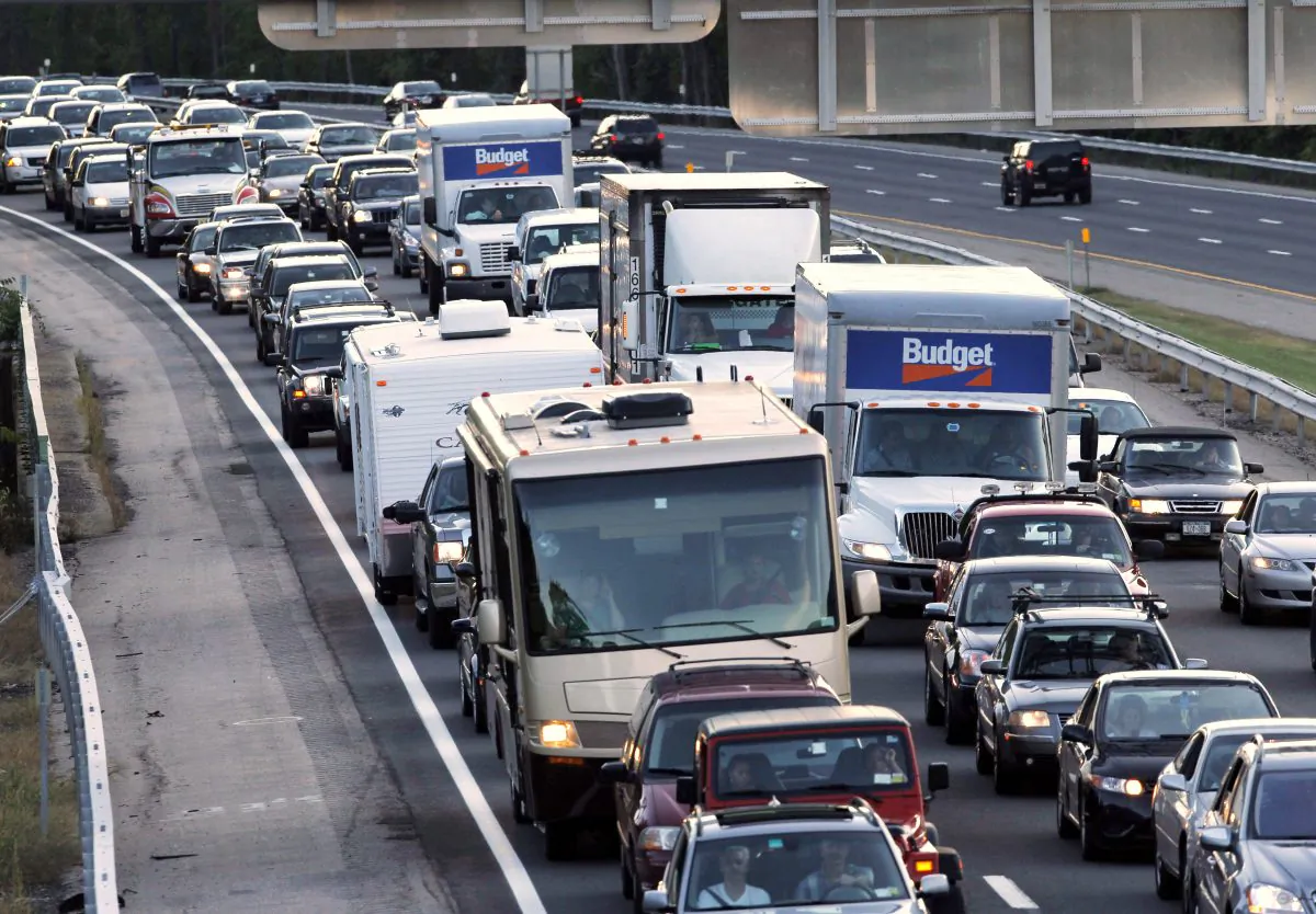 Traffic is backed up on the New York State Thruway in Harriman, N.Y., due to a fatal crash on the northbound side of Interstate 87 in Woodbury on Sept. 18, 2010. (AP Photo/Mike Groll)
