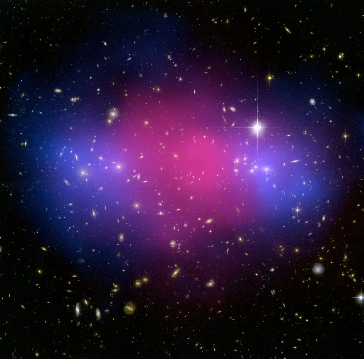 A powerful collision of galaxy clusters has been captured by NASA's Hubble Space Telescope and Chandra X-ray Observatory. This clash of clusters provides striking evidence for dark matter and insight into its properties. (NASA)