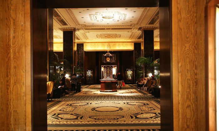 The entrance to the Waldorf Astoria, the landmark New York City hotel, is viewed on Oct. 6, 2014. Hilton's sale to Anbang Insurance may have marked the peak of Chinese investment in US Real Estate.  (Spencer Platt/Getty Images)