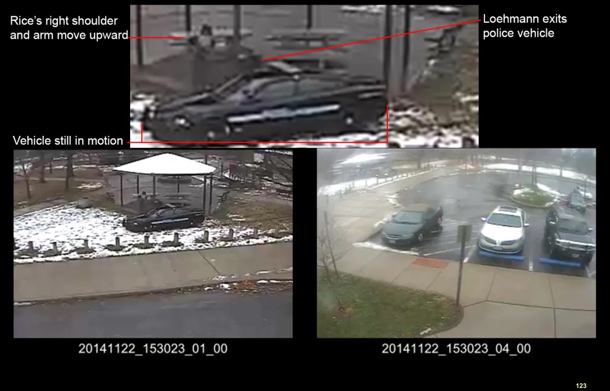 This combination of still images taken from a surveillance video and released Saturday, Nov. 28, 2015, by the Cuyahoga County Prosecutor's Office, shows Cleveland police officers arriving at Cudell Park on a report of a man with a gun. Twelve-year-old Tamir Rice was fatally shot by Cleveland police officer Timothy Loehmann, Nov. 22, 2014. (Cuyahoga County Prosecutor's Office via AP)