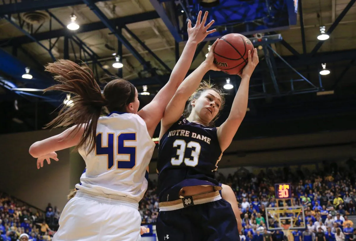 Notre Dame forward Kathryn Westbeld (33) is defended by South Dakota State forward Ellie Thompson (45) during the first half of an NCAA college basketball game in Brookings, S.D., Saturday, Nov. 21, 2015. (AP Photo/Nati Harnik)