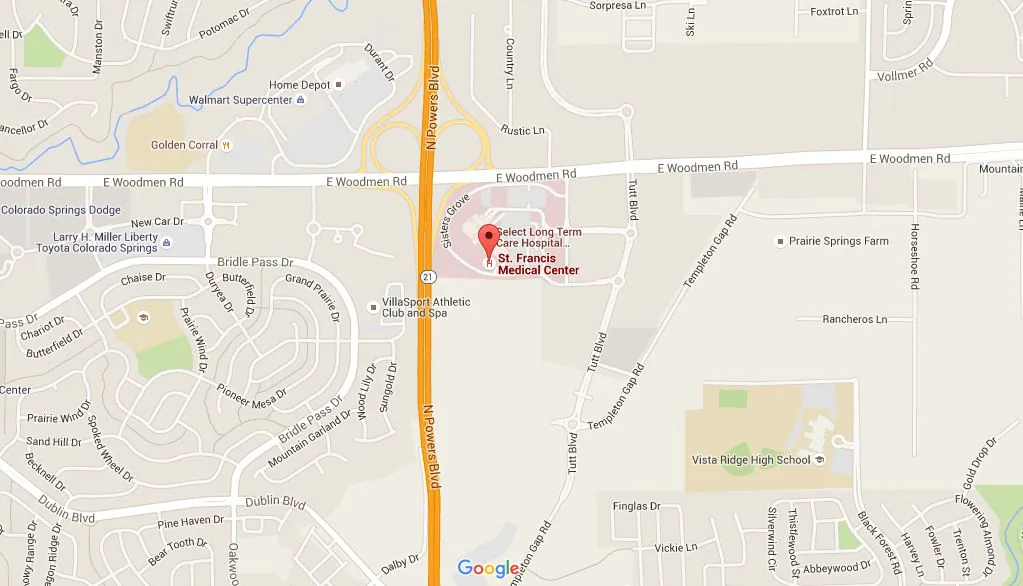 Penrose Hospital-St. Francis Medical Center is Colorado Springs, Colo., which is said to house victims of last week’s Planned Parenthood shooting rampage, has been placed on “lockdown.” (Google Maps)