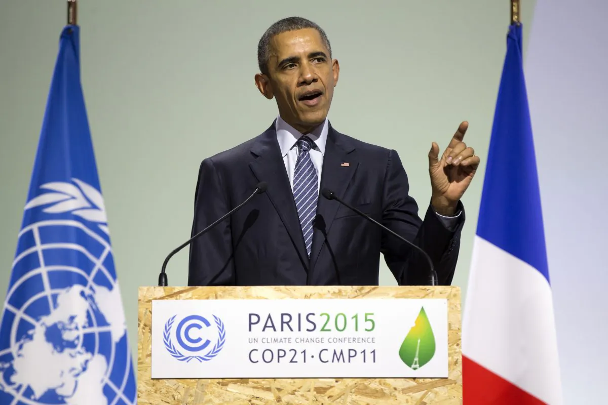President Barack Obama delivers remarks during the COP21, U.N. Climate Change Conference, in Le Bourget, outside Paris, on Monday, Nov. 30, 2015. (AP Photo/Evan Vucci)