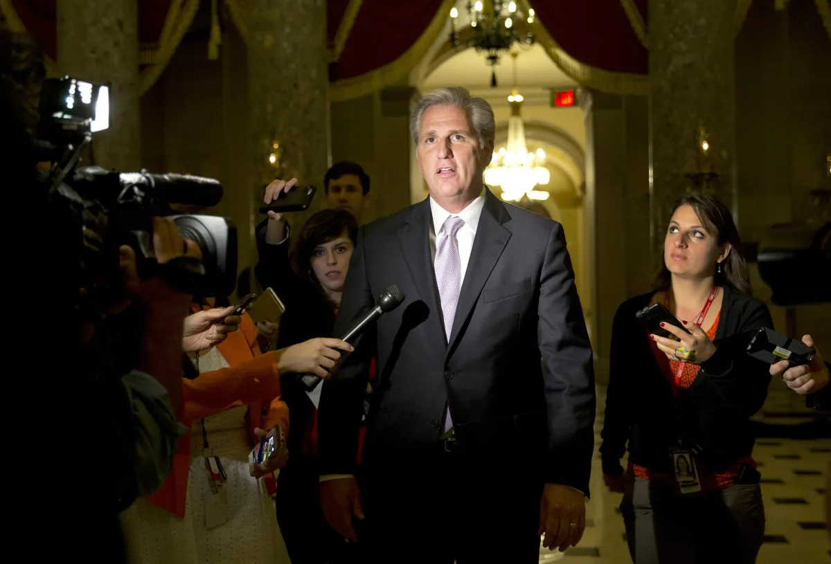 House Majority Leader Kevin McCarthy (R-Calif.) talks to media on Capitol Hill in Washington, D.C., on Oct. 21, 2015. McCarthy is giving no indication that last week’s fatal shootings at a Planned Parenthood clinic in Colorado will affect a House probe of the group for providing fetal tissue to researchers. (AP Photo/Carolyn Kaster)