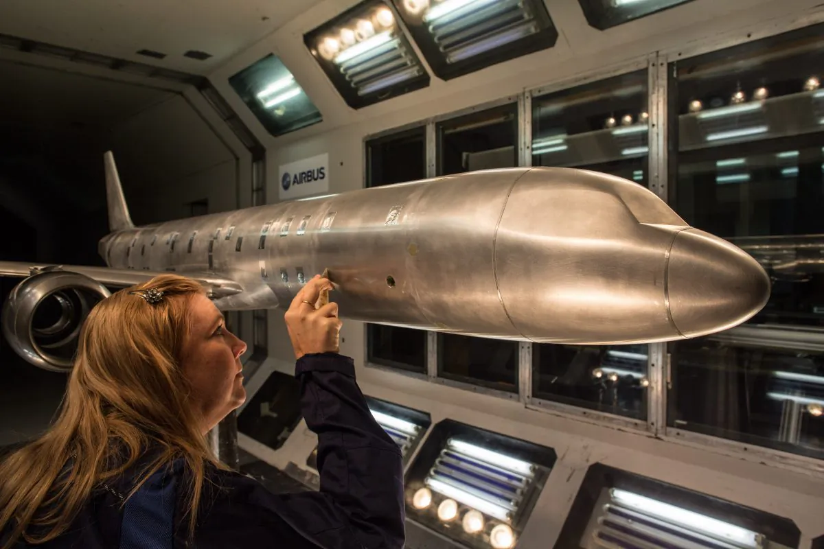 A scale model of a plane is prepared for testing in the Airbus Filton's low speed wind tunnel facility at the Airbus aircraft manufacturer's Filton site in Bristol, England, on Nov. 19, 2015. (Matt Cardy/Getty Images)