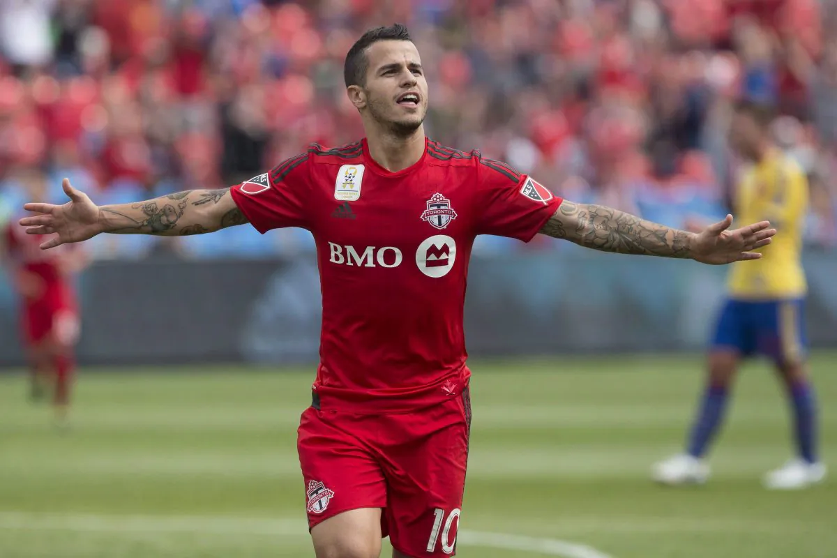 Toronto FC's Sebastian Giovinco celebrates after scoring against the Colorado Rapids in Toronto on Sept. 19, 2015. (The Canadian Press/Chris Young)