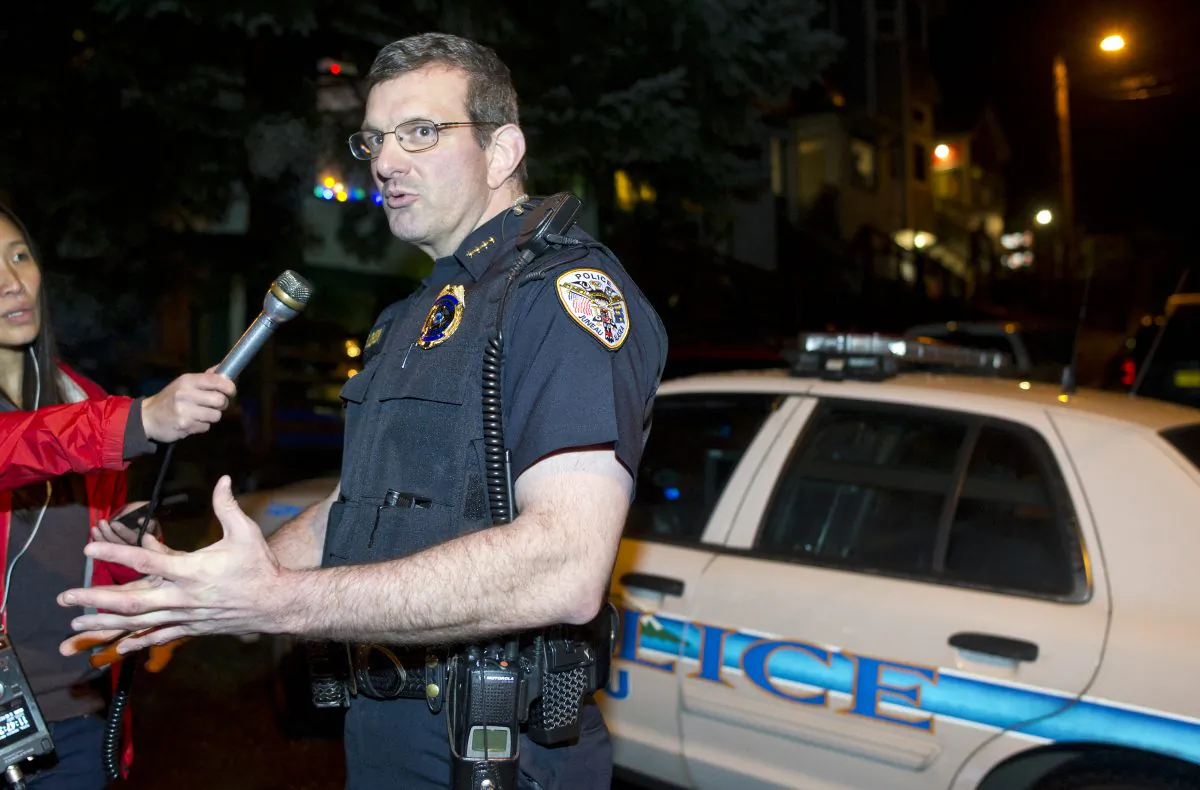 Juneau Police Chief Bryce Johnson speaks to reporters about the death of Mayor Stephen "Greg" Fisk in Juneau, Alaska, on Nov. 30, 2015. Fisk, the newly elected mayor of Alaska's capital city, was found dead in his home Monday. (Michael Penn/The Juneau Empire via AP)
