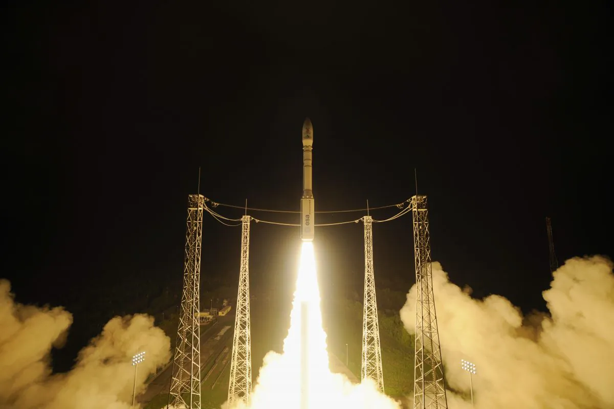 This  picture taken with remote point  1 camera and  provided by the  European Space Agency, ESA, shows the liftoff of Vega VV06 rocket  carrying LISA Pathfinder on Thursday Dec. 3, 2015 from Europe's Spaceport, Kourou French Guiana. (Stephane Corvaja/ESA via AP)