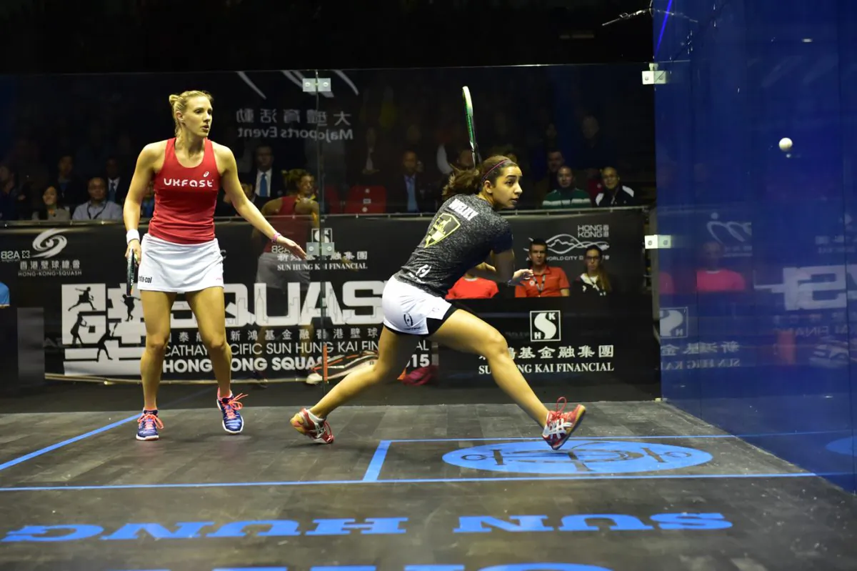 No 1 seed Raneem El Weilily of Egypt, plays a backhand volley in her semi-final match against No3 seed Laua Massaro in the Hong Kong Squash Open 2015 on Saturday Dec 5. Massaro won 11-5, 11-4, 11-8 to progress to the final. (Bill Cox/Epoch Times)