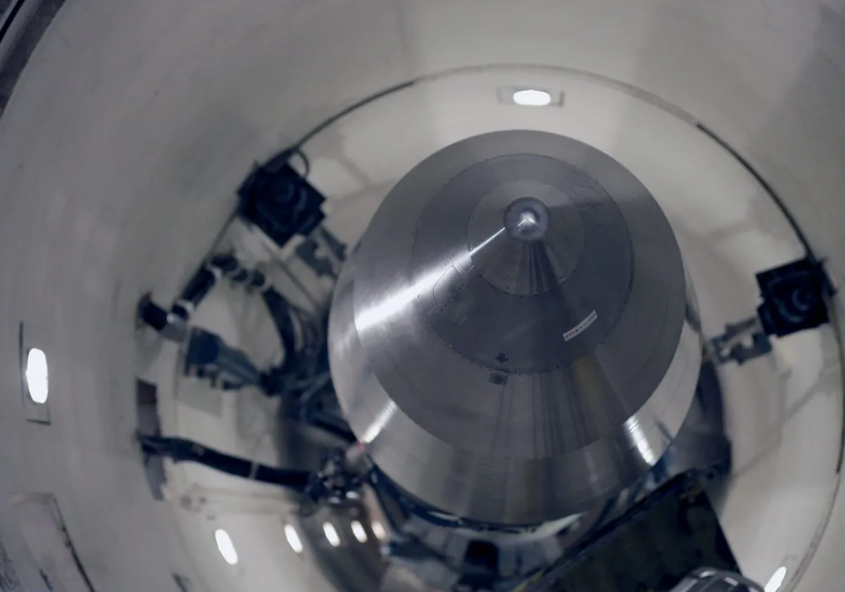 An inert Minuteman 3 missile in a training launch tube at Minot Air Force Base, N.D., U.S. on June 25, 2014. The base is tasked with maintaining 150 of the nuclear-tipped missiles spread out across the North Dakota countryside and keeping them ready to launch at a moment's notice as part of the U.S.'s nuclear defense strategy. (Charlie Riedel/AP)