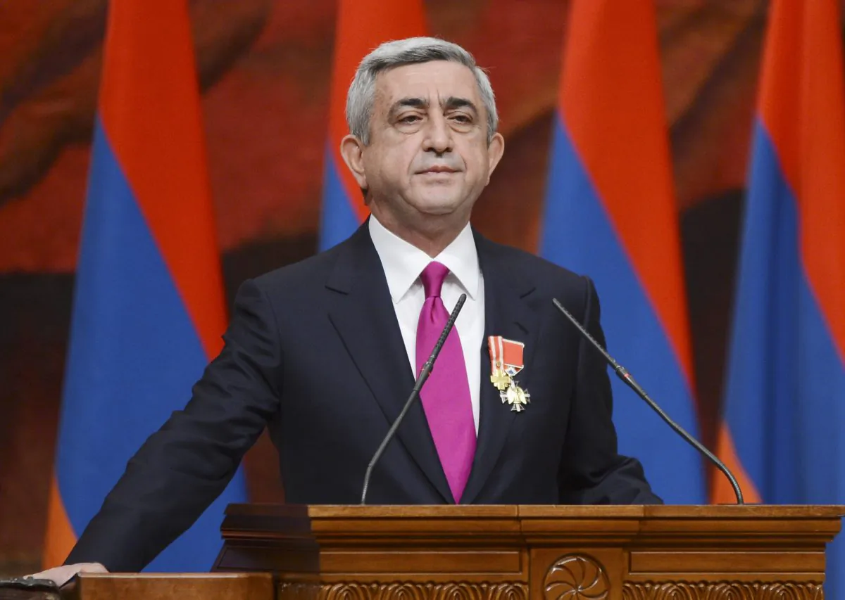 Armenian President Serzh Sargsyan is sworn in during his inauguration ceremony in Yerevan, Armenia, on April 9, 2013. Armenia was holding a referendum Sunday on proposed constitutional changes that would give more powers to the prime minister and parliament at the expense of the president, who would become largely a figurehead, but the opposition has seen the reform as an attempt by President Serzh Sargsyan to extend his rule. (Davit Hakobyan/PanArmenian via AP)