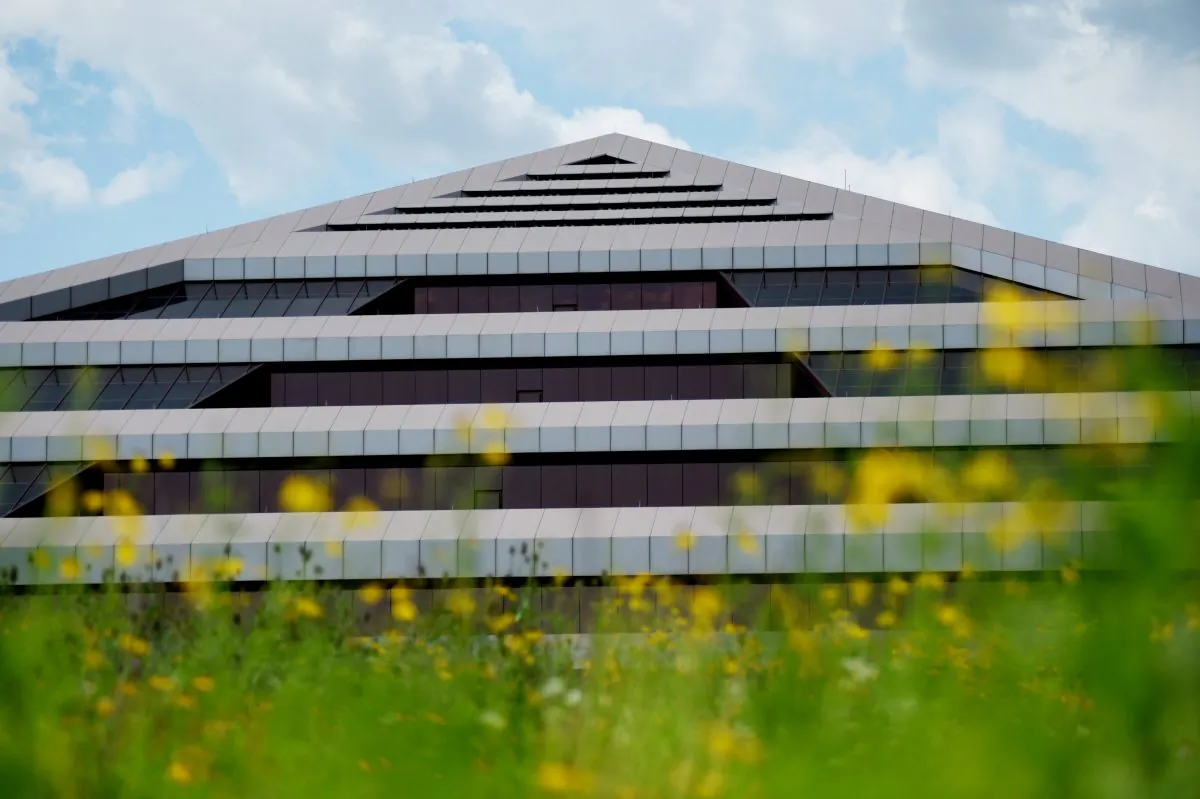 A pyramid-shaped building formerly owned by Steelcase Inc. in Gaines Township near Grand Rapids, Mich., on July 25, 2015. Switch, a major Internet data center developer, would be in the building as the state Senate on Thursday, Dec. 3, narrowly approved lucrative tax breaks designed to guarantee that Switch chooses Michigan as the site of its first mega-campus in the eastern half of the U.S. (Neil Blake/The Grand Rapids Press via AP)