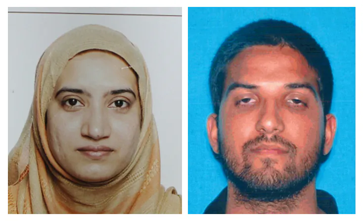 This undated combination of photos provided by the FBI, left, and the California Department of Motor Vehicles shows Tashfeen Malik, left, and Syed Farook, who committed the mass murder in San Bernardino, California. (FBI, left, and California Department of Motor Vehicles via AP)