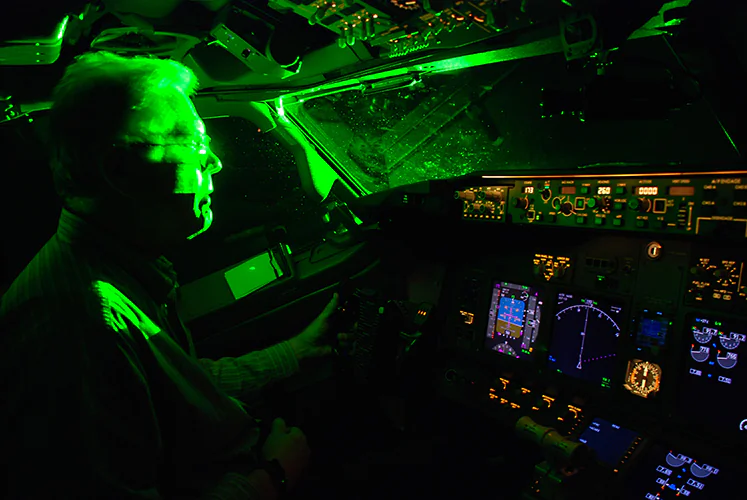 This image by the FAA shows what happens when a laser pointer is aimed at a cockpit. Pointing a laser at an aircraft poses a serious safety risk and is against the law.