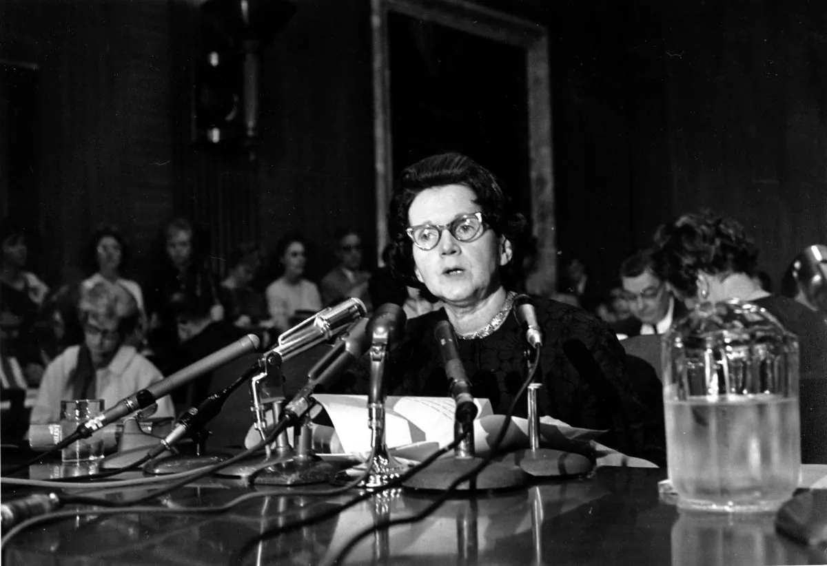 Activist and author Rachel Louise Carson, whose book "Silent Spring" led to a study of pesticides, testifies before a Senate Government Operations Subcommittee in Washington, D.C., on June 4, 1963. Carson urged Congress to curb the sale of chemical pesticides and aerial spraying. (AP Photo)