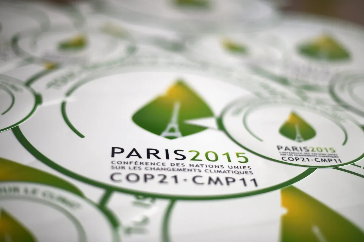 Stickers of the COP21, the Climate Change Conference 2015 in Paris. (Dominique Faget/AFP/Getty Images)