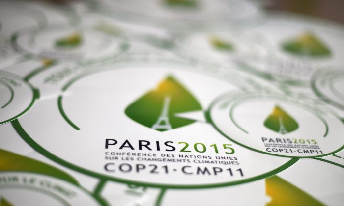 Stickers of the COP21, the Climate Change Conference 2015 in Paris. (Dominique Faget/AFP/Getty Images)