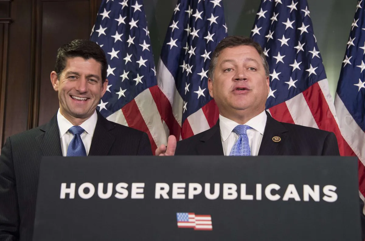 House Speaker Paul Ryan (R-Wis.) (L) and Congressman Bill Shuster (R-Pa.), chairman of the House Transportation and Infrastructure Committee, after a Republican Conference meeting in Washington, D.C., on Nov. 3, 2015. (Jim Watson/AFP/Getty Images)