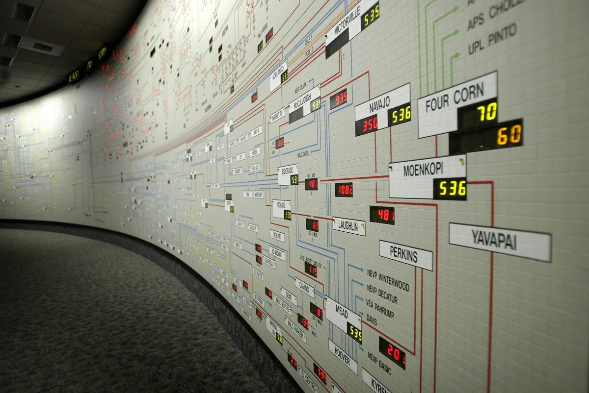 A map of power distribution through California's electrical grids in the control center of the California Independent System Operator (Cal-ISO) on Aug. 9, 2004 (David McNew/Getty Images)