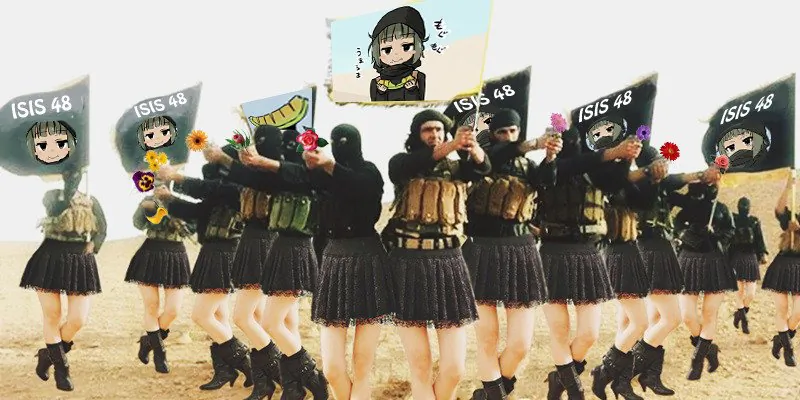 A photoshopped image shows ISIS terrorists wearing skirts and holding flowers. Several hacker groups are joining a campaign to make fun of ISIS. (@cusois)