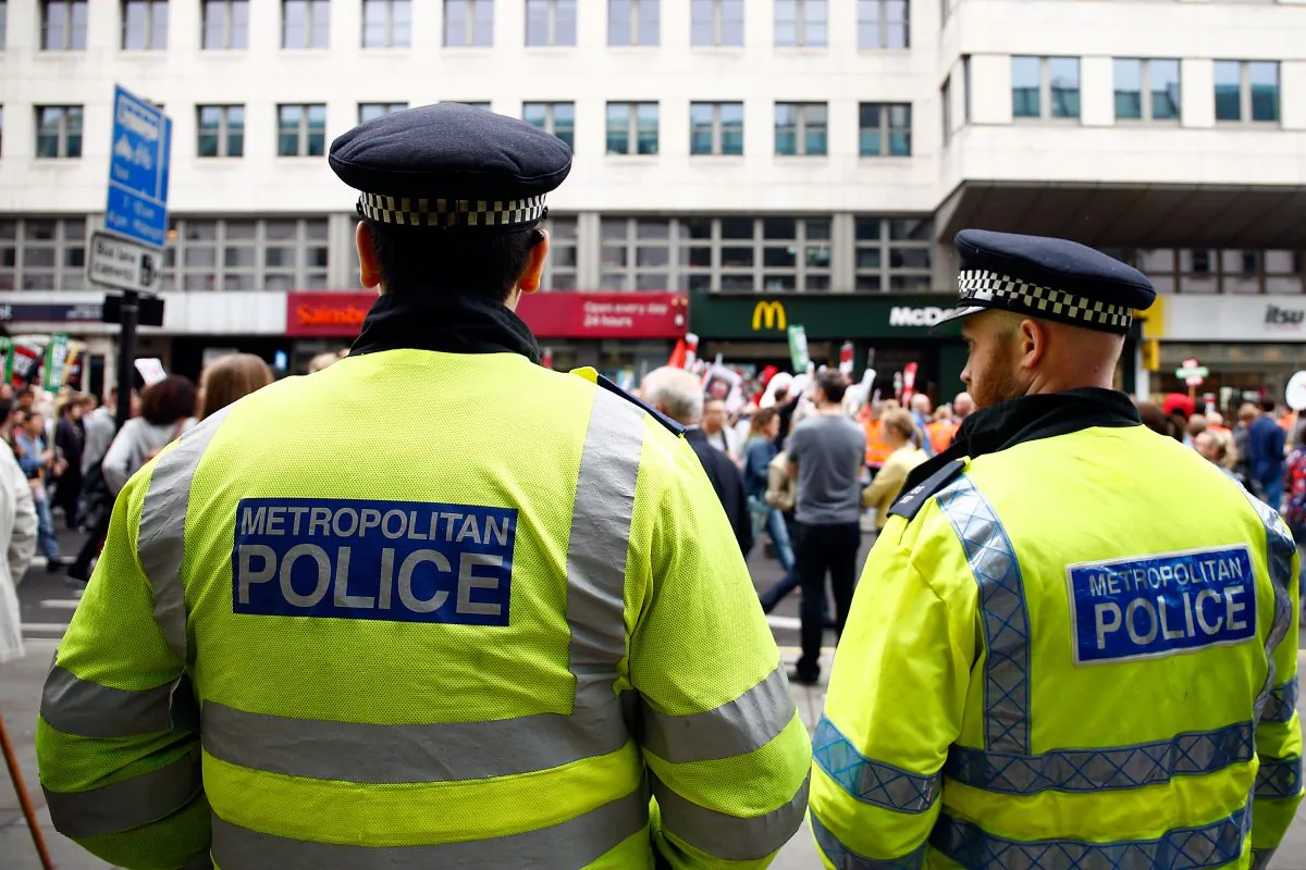 Police watch an Anti Austerity demonstration at the Bank of England in London, on June 20, 2015. (Zak Kaczmarek/Getty Images)