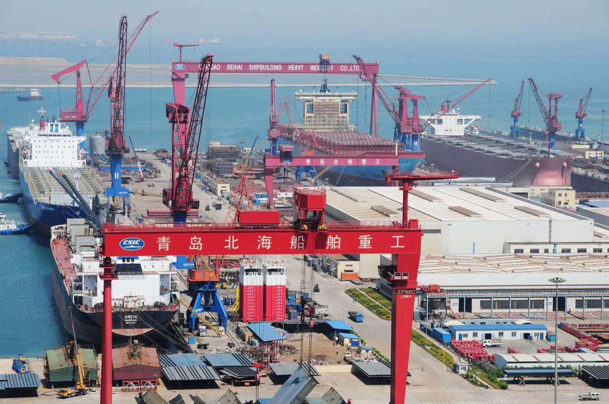 New container ships under construction in Qingdao, northeast China's Shandong province on April 26, 2012.  Shipping is one industry rife with overcapacity. (STR/AFP/GettyImages)