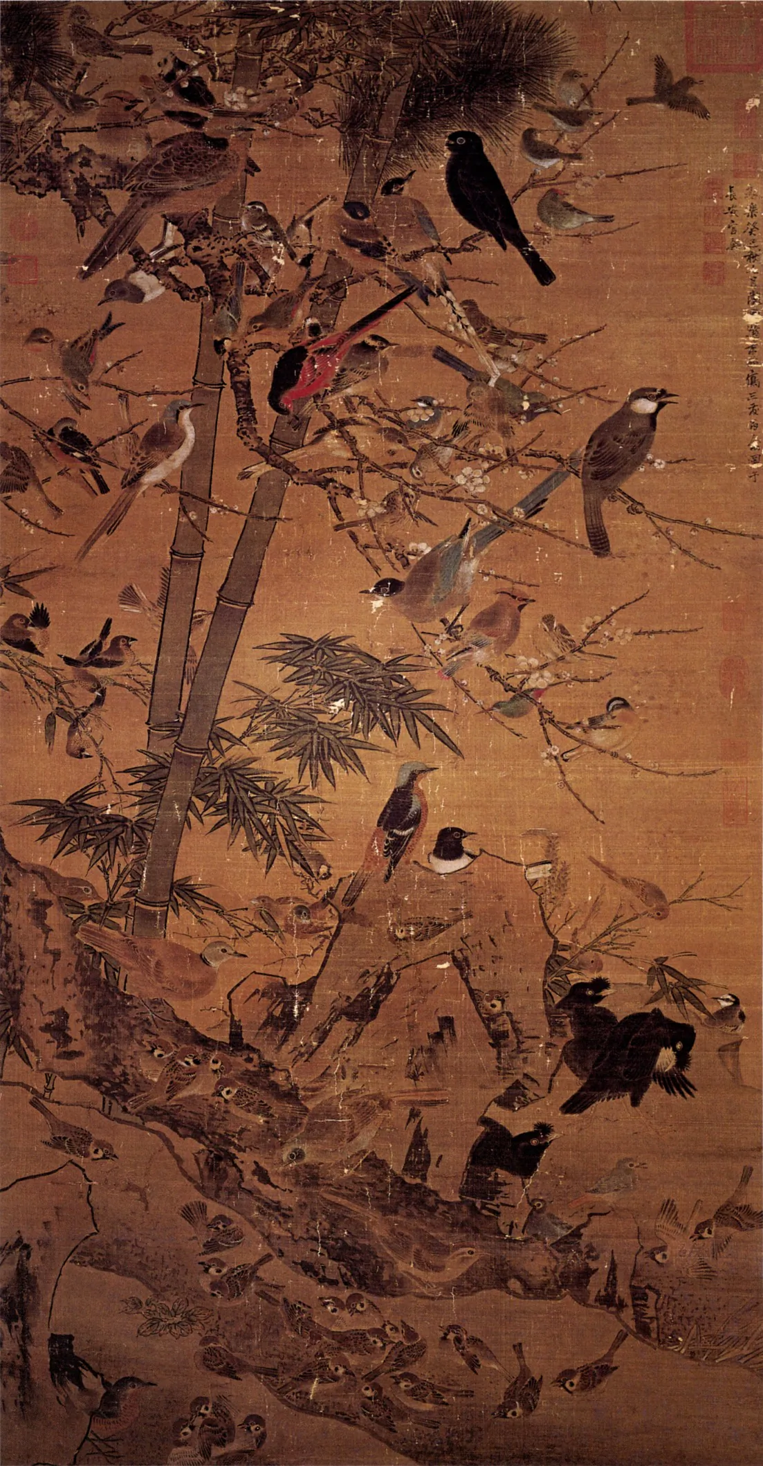 A Ming Dynasty painting depicting the “Three Friends of Winter”—the pine, bamboo, and plum blossom—titled “Three Friends and 100 Birds” by artist Bian Wenjin, also known as Bian Jingzhao. (Wikimedia Commons)