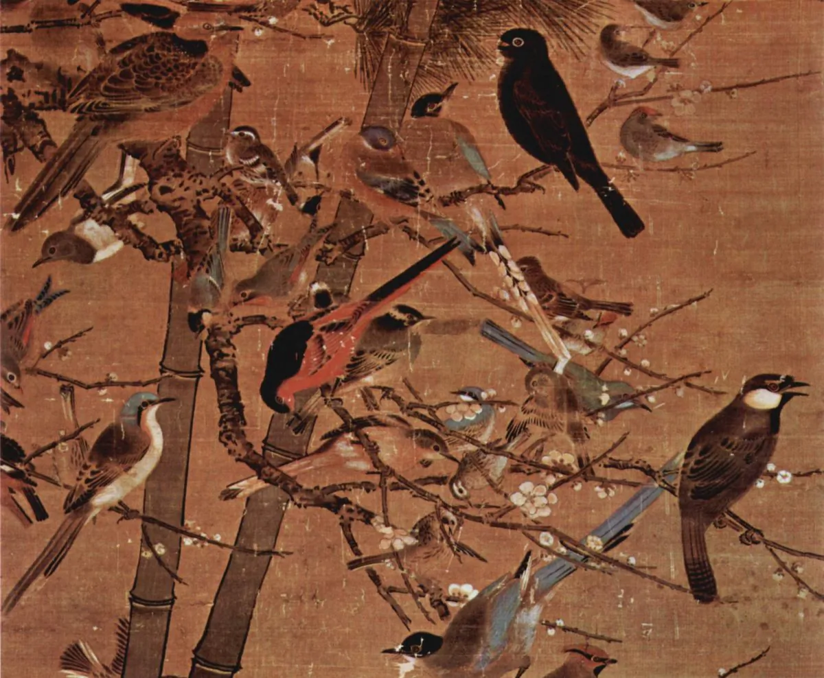 Closeup of a Ming Dynasty painting depicting the “Three Friends of Winter”—the pine, bamboo, and plum blossom—titled “Three Friends and 100 Birds” by artist Bian Wenjin, also known as Bian Jingzhao. (Public Domain) 