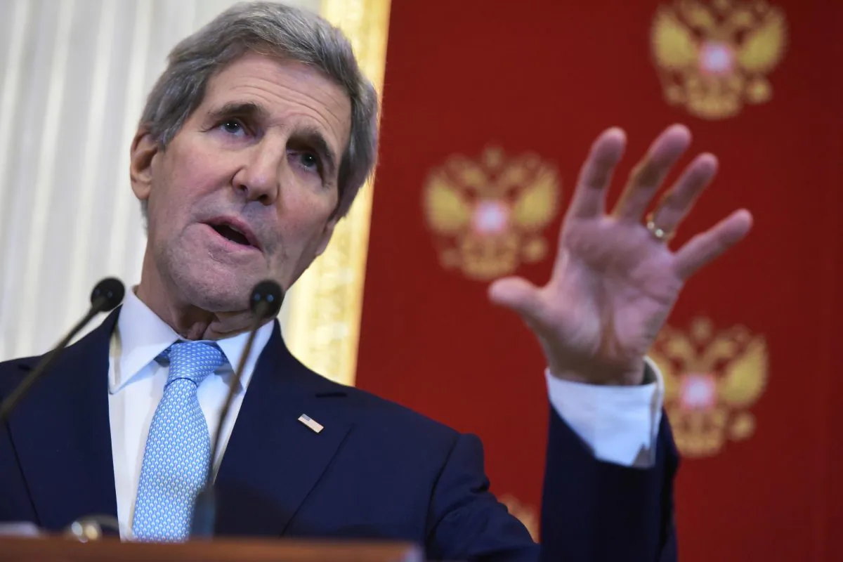 U.S. Secretary of State John Kerry at a joint press conference with Russian Foreign Minister Sergey Lavrov at the Kremlin in Moscow on Dec. 15, 2015. Earlier, in talks with Lavrov, Kerry said the world benefits when great powers agree in their approaches to major crises. (Mandel Ngan/AP)