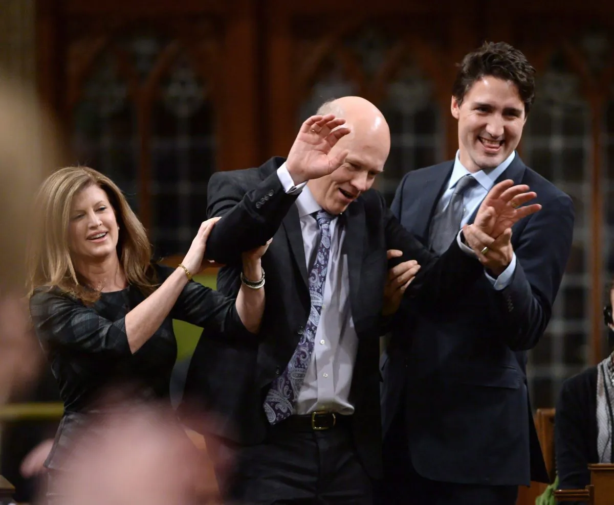 Newly elected Speaker of the House Geoff Regan jokingly resists as he's escorted to the speaker's chair by Conservative interim leader Rona Ambrose and Prime Minister Justin Trudeau in the House of Commons on Dec. 3. (THE CANADIAN PRESS/Sean Kilpatric)