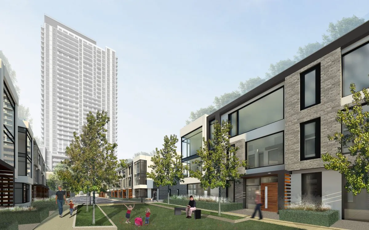 Rendering of The Met tower, with townhouses in the forefront. Plaza Corp’s project at Highway 7 and Jane in Toronto will have 531 units, including three-bedroom suites, as well as townhouses. (Courtesy of Plaza Corp.)