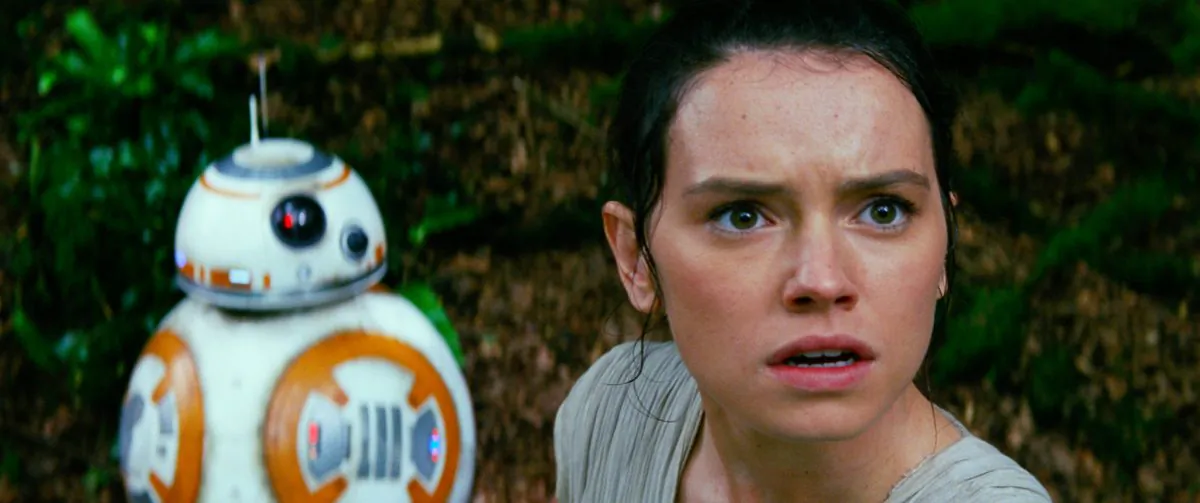 This photo provided by Disney/Lucasfilm shows Daisy Ridley, right, as Rey, and BB-8, in a scene from the film, "Star Wars: The Force Awakens," directed by J.J. Abrams. The movie opens in U.S. theaters on Friday, Dec. 18, 2015.  (Film Frame/Disney/Lucasfilm via AP)