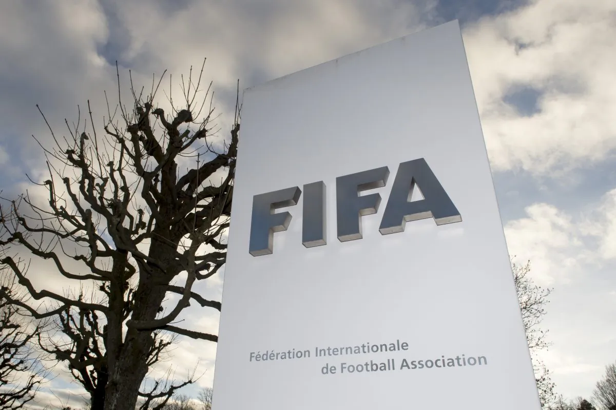 The FIFA logo is seen outside FIFA headquarters in Zurich, Switzerland, on Dec. 17, 2015. (Walter Bieri/Keystone via AP)