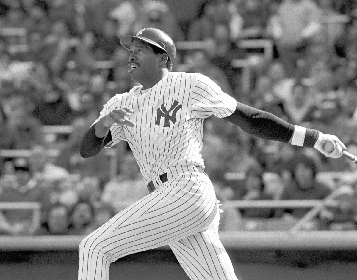 Dave Winfield of the New York Yankees watches his two run homer sail out of Yankee Stadium in the fifth inning of game with the Toronto Blue Jays on Sunday, April 17, 1983 in New York. The homer proved to be the game winning RBI in the Yanks 7-5 win. (AP Photo/Ray Stubblebine)