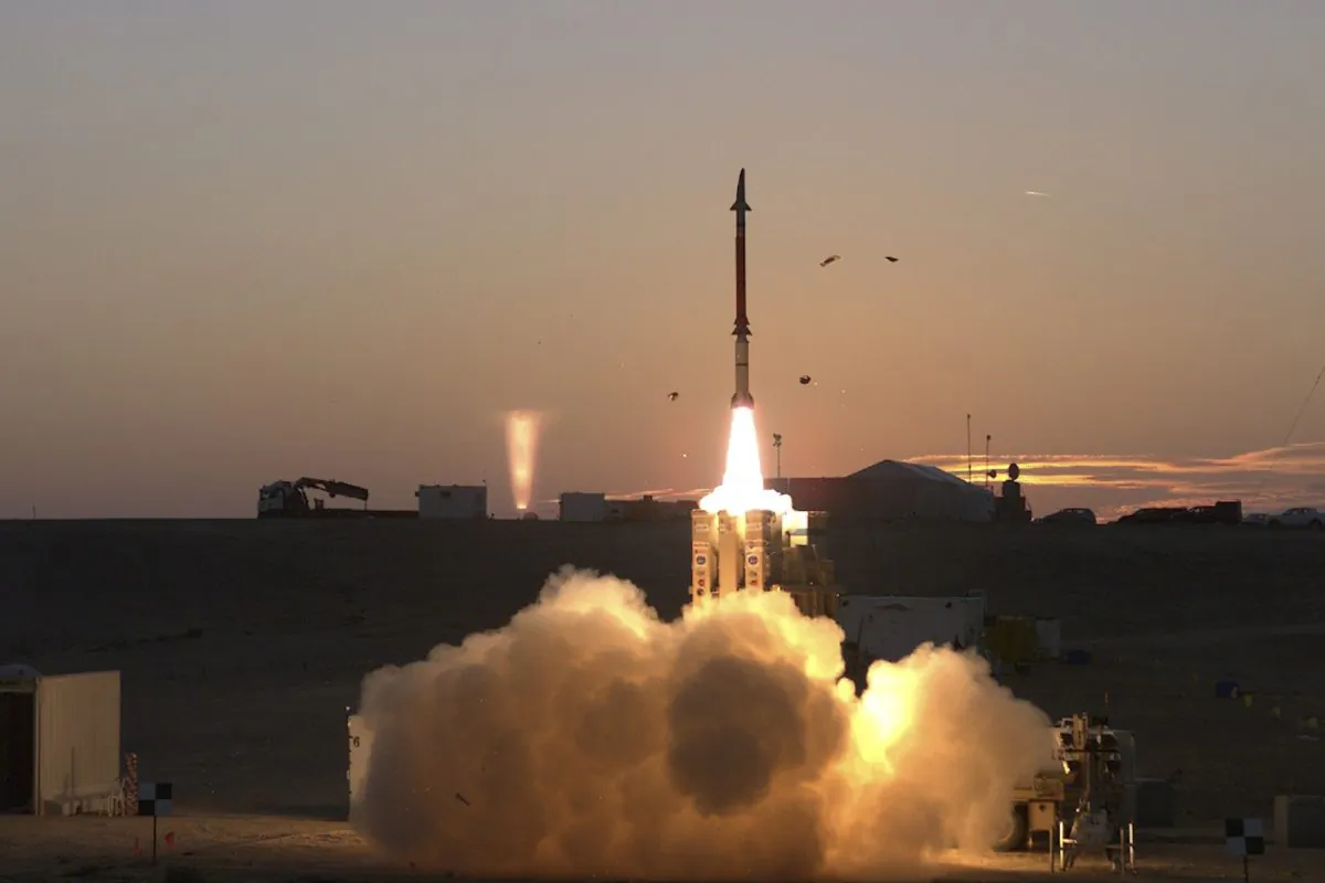This photograph provided by the Israeli Ministry of Defense on Monday Dec. 21, 2015 shows a launch of David's Sling missile defense system. (Ministry of Defense via AP)
