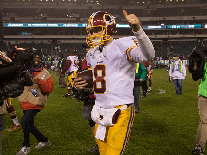 PHILADELPHIA, PA - DECEMBER 26: Kirk Cousins #8 of the Washington Redskins celebrates at the end of the game against the Philadelphia Eagles on December 26, 2015 at Lincoln Financial Field in Philadelphia, Pennsylvania. The Redskins defeated the Eagles 38-24. (Photo by Mitchell Leff/Getty Images) *** Local Caption *** Kirk Cousins