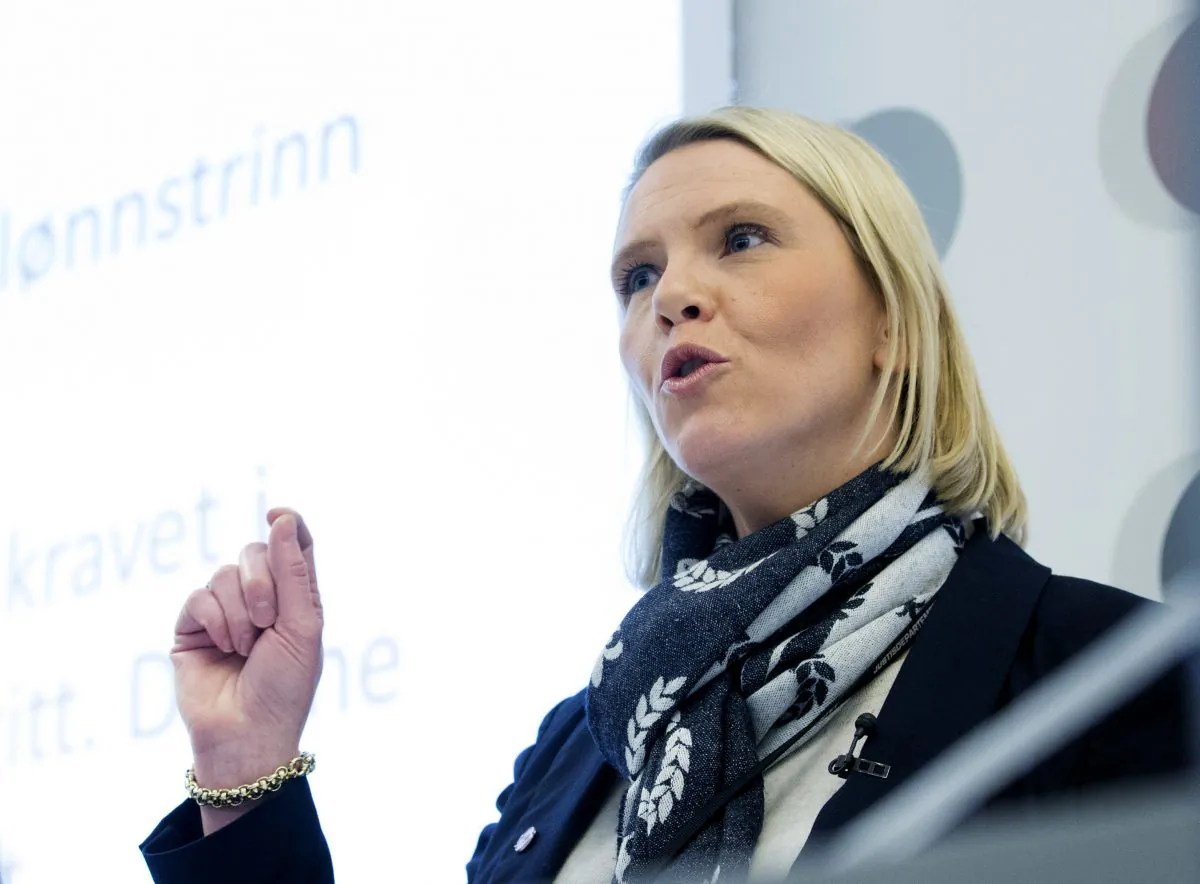 Norway's Minister of Immigration and Integration Sylvie Listhaug talks, during a press conference in the Ministry of Justice, in Oslo, Tuesday, Dec. 29, 2015. (Haakon Mosvold Larsen /NTB scanpix via AP)