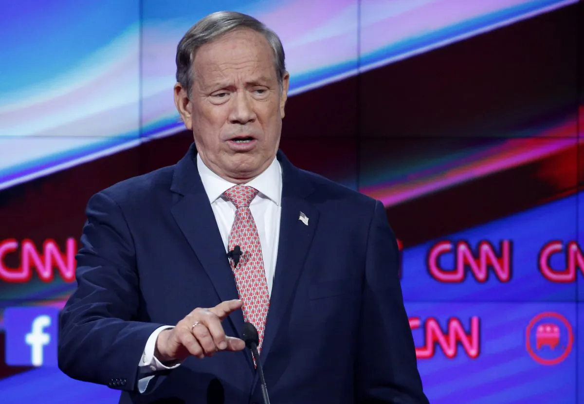 In this Dec. 15, 2015, file photo, George Pataki makes a point during the CNN Republican presidential debate at the Venetian Hotel & Casino in Las Vegas. (AP Photo/John Locher)