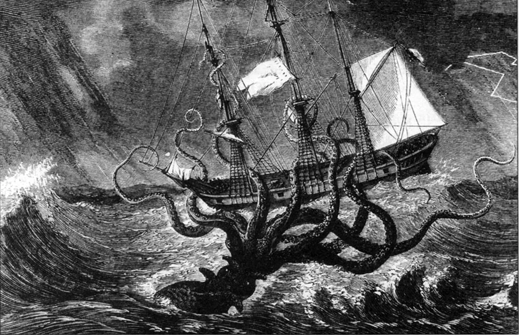 Imaginary view of a gigantic octopus seizing a ship. (Mary Evans Picture Library/Alamy)