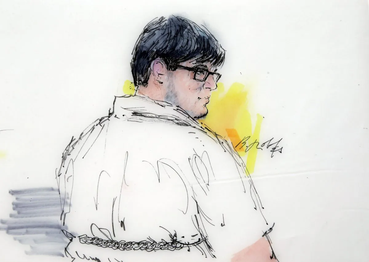 In this Dec. 21, 2015, courtroom sketch, Enrique Marquez Jr. appears in federal court in Riverside, Calif. Marquez, a friend of one of the shooters in the San Bernardino massacre that killed 14 people, was indicted Wednesday, Dec. 30, on five charges that include conspiring in a pair of previous planned attacks and making false statements when he bought the guns used in this month's shootings, authorities said. (Bill Robles via AP)