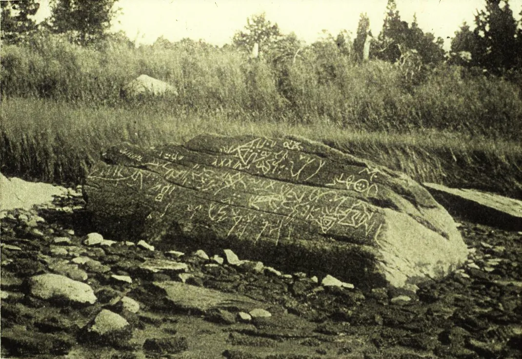 1893 photograph of Dighton Rock. (Public Domain)