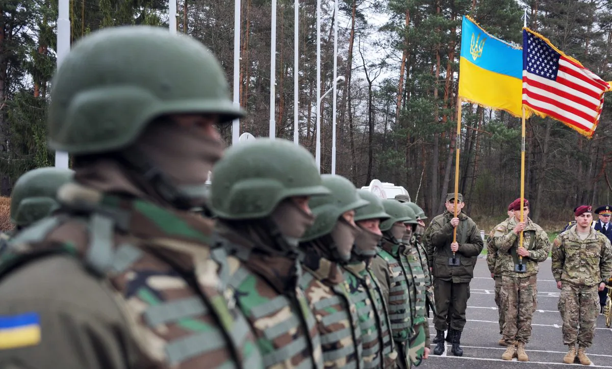 U.S. and Ukrainian soldiers attend an opening ceremony of the joint Ukrainian-U.S. military exercise "Fearless Guardian" at the Yavoriv training ground in the region of Lviv on April 20, 2015. (Yuriy Dyachyshyn/AFP/Getty Images)