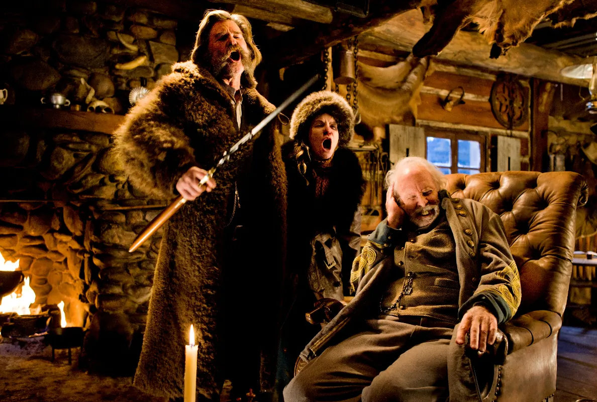 (L-R) Kurt Russell, Jennifer Jason Leigh, and Bruce Dern, in a scene from the film, "The Hateful Eight," directed by Quentin Tarantino. (Andrew Cooper/Weinstein Company via AP)