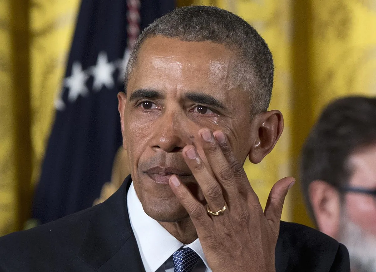President Barack Obama wipes away tears as he speaks in the East Room of the White House on Jan. 5, 2016. (AP Photo/Carolyn Kaster)