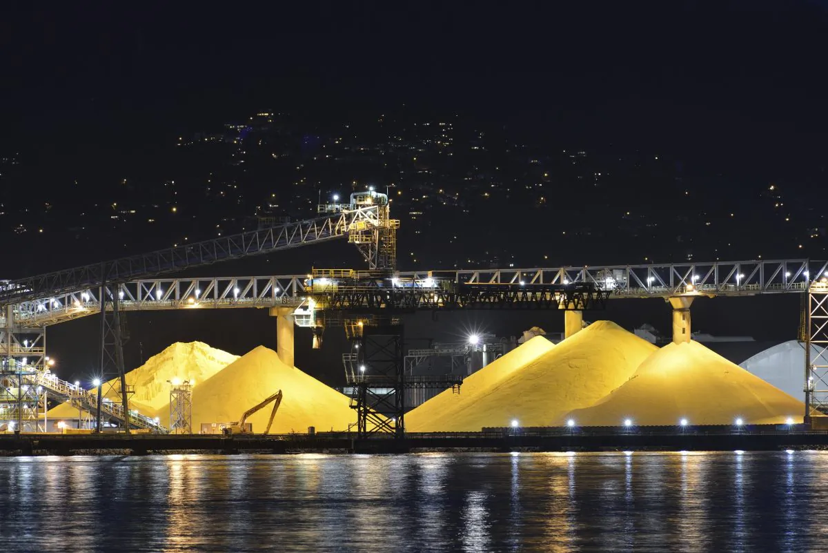 A file photo of piles of yellow sulphur on at a port in Vancouver, Canada. (Kongxinzhu/iStock)