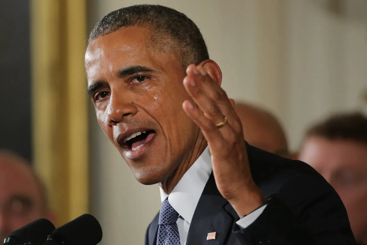 With tears running down his cheeks, President Barack Obama talks about the victims of the 2012 Sandy Hook Elementary School shooting and about his efforts to increase federal gun control in the East Room of the White House in Washington, D.C., on Jan. 5, 2016. Without approval from Congress, Obama is sidestepping the legislative process with executive actions to expand background checks for some firearm purchases and step up federal enforcement of existing gun laws. (Chip Somodevilla/Getty Images)
